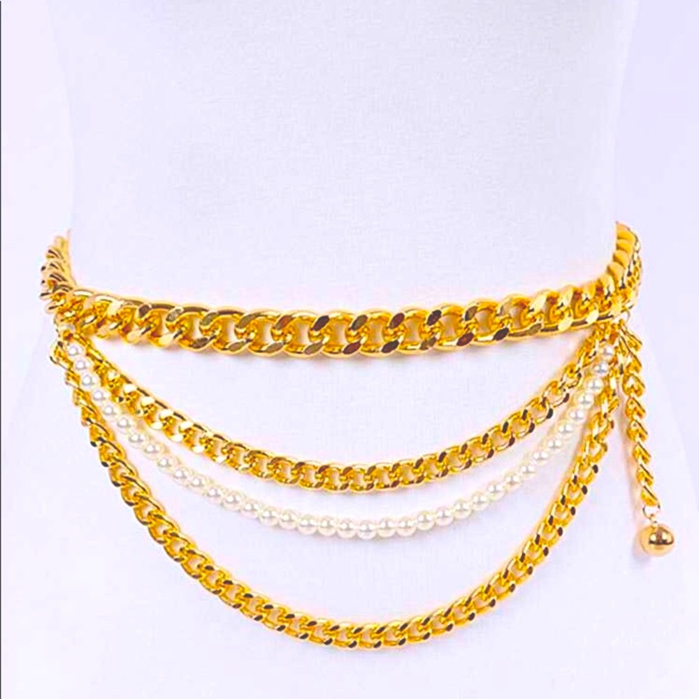Plus Size Gold Chain & Pearl Waist Statement Belt